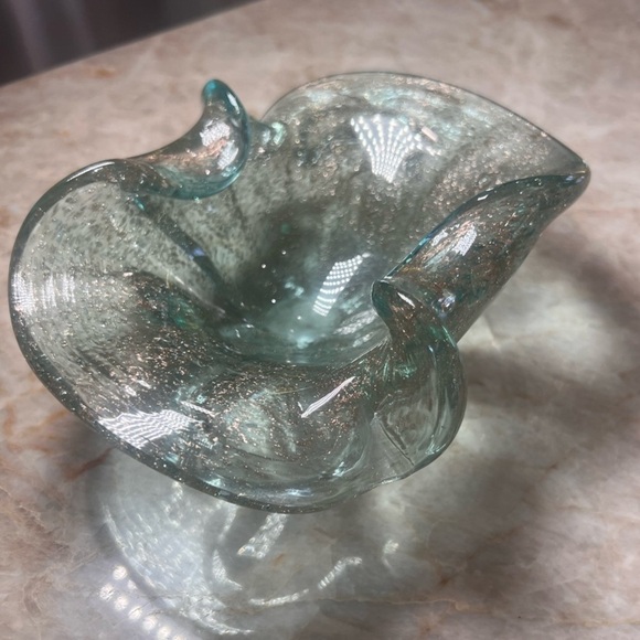 Murano vintage MCM Green turquoise Glass Art Bowl with metallic flecks - Picture 3 of 8